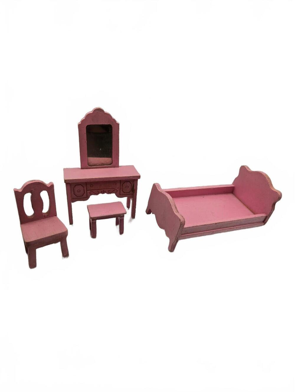 Strombecker dollhouse furniture, Pink miniature bedroom furniture set, 1:1 scale